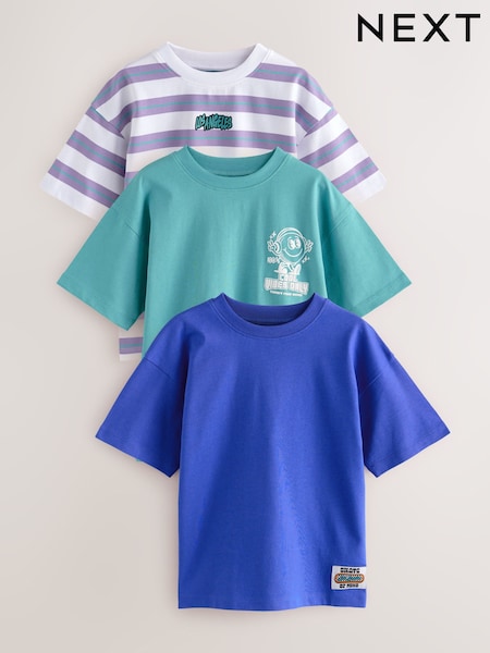 Blue/Lilac Stripe - Relaxed Fit Graphic Print Short Sleeve 100% Cotton T-Shirts 3 Pack (3-16yrs) (AG3079) | 29 € - 37 €
