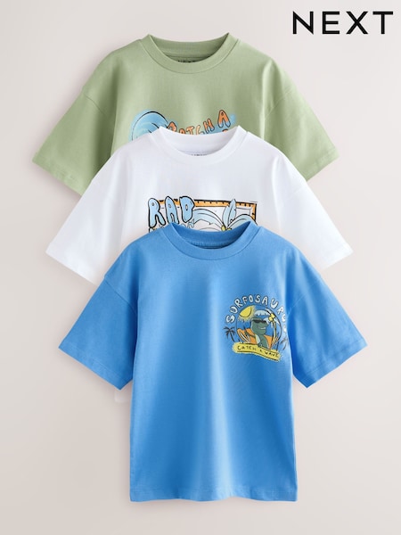 Blue/White/Green Dino - Relaxed Fit Graphic Print Short Sleeve 100% Cotton T-Shirts 3 Pack (3-16yrs) (AG3080) | 28 € - 36 €