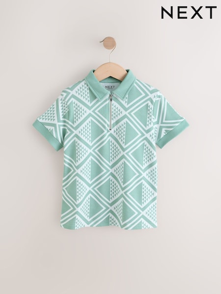 Mint Green Geo Zip Neck Short Sleeve 100% Cotton Polo Shirt (3-16yrs) (AG3394) | €17 - €25