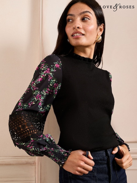 Love & Roses Woven Sleeve Frill Neck Finge Gauge Knitted Jumper (AG3457) | 208 LEI