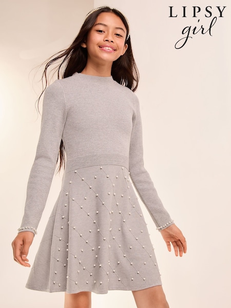 Lipsy Grey Pearl Detail Knit Dress (5-16yrs) (AG3481) | AED245 - AED291