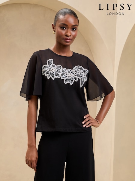 Lipsy Black/White Floral Flutter Sleeve Trim T-Shirt (AG3484) | ₪211