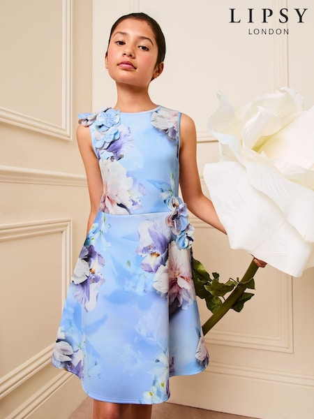 Lipsy Blue Floral Corsage Scuba Dress (5-16yrs) (AG3488) | AED221