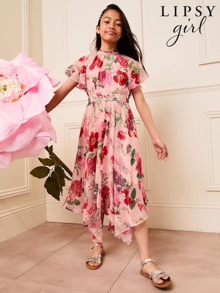 Lipsy Pink Floral Sequin Chiffon Hanky Hem Occasion Dress (5-16yrs) (AG3506) | R$ 395 - R$ 475