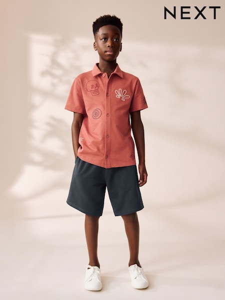 Rust/Charcoal 100% Cotton Short Sleeve Embroidered Jersey Shirt and Shorts Set (3-16yrs) (AG3513) | €27 - €39