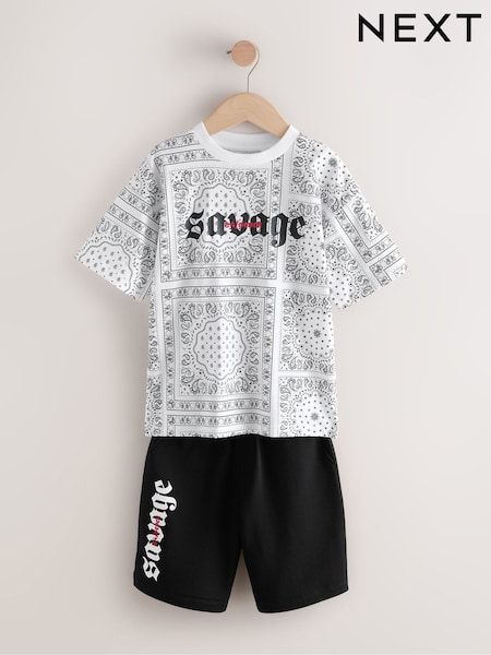 White/Black Paisley Relaxed Fit Short Sleeve T-Shirt and Shorts Set (3-16yrs) (AG3523) | €20 - €30
