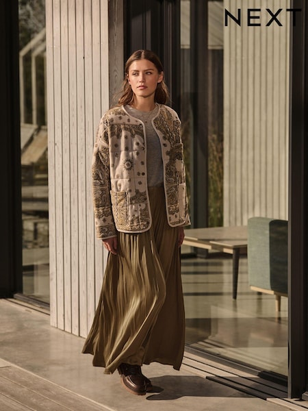 Boho Khaki Green - Pleated Satin Maxi Skirt (AG3533) | ‏120‏₪
