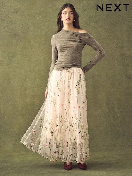 בז' - Embroidered Mesh Tulle Boho Maxi Skirt (AG3536) | ‏207‏₪