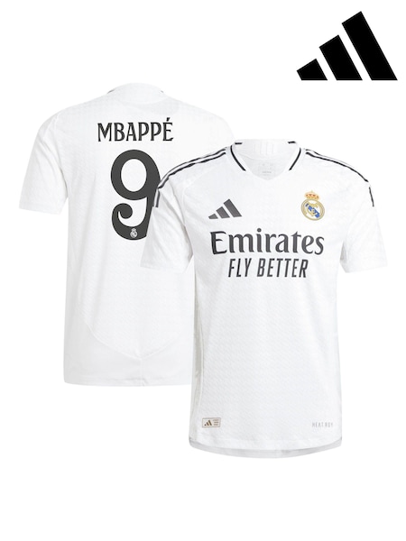 adidas White Real Madrid Home Authentic Shirt 2024-25 with Mbappé 9 Printing (AG3554) | €89