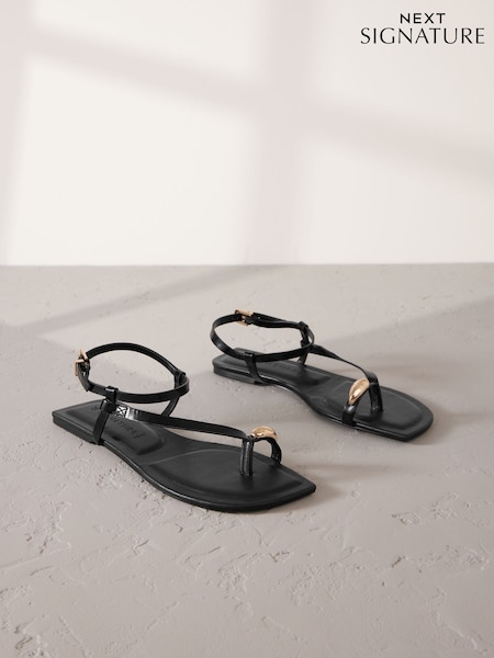 Black Leather Forever Comfort® Metal Toe Loop Strappy Sandals (AG3563) | €57