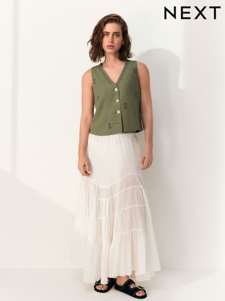 Valkoinen - 100% Cotton Boho- porrastettu Midi- Hameet (AG3575) | €68