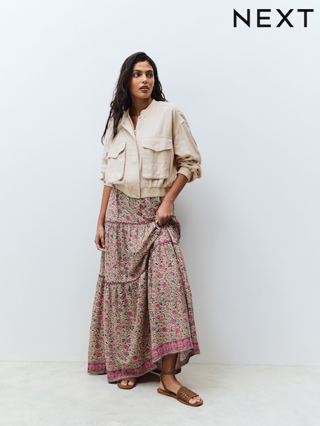 Green/Pink Flower Print 100% Cotton Tiered Maxi Skirt (AG3580) | INR 3,100