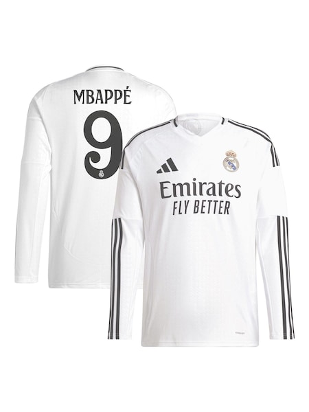 adidas White Kids Real Madrid Home Long Sleeve Shirt 2024-25 with Mbappé 9 Printing (AG3590) | €66