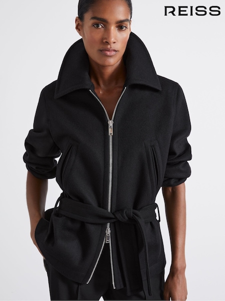 Reiss Black Ada Atelier Virgin Wool-Blend Belted Coat (AG3592) | AED3,465