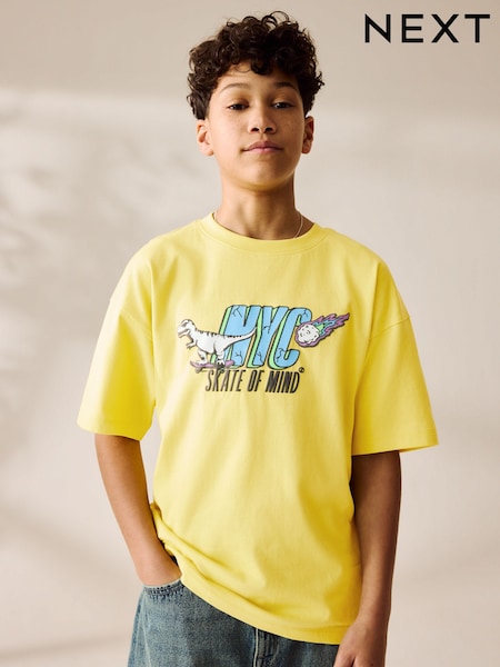 Yellow Dino Relaxed Fit Short Sleeve Graphic Print T-Shirt (3-16yrs) (AG3607) | R$ 60 - R$ 90