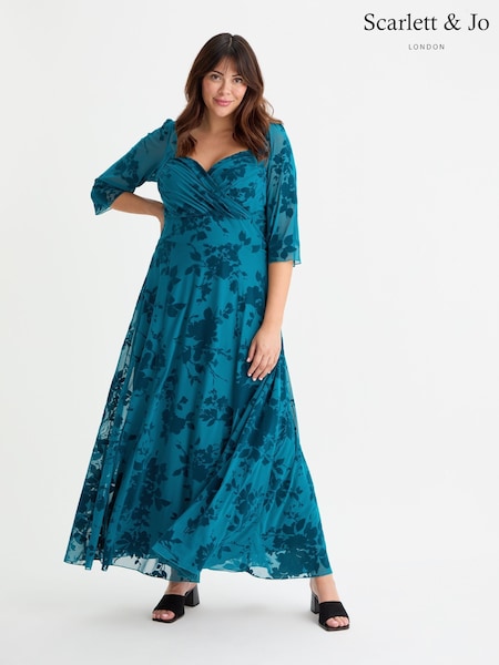 Scarlett & Jo Blue Elizabeth Velvet Flocked Mesh Maxi Gown (AG3647) | €140