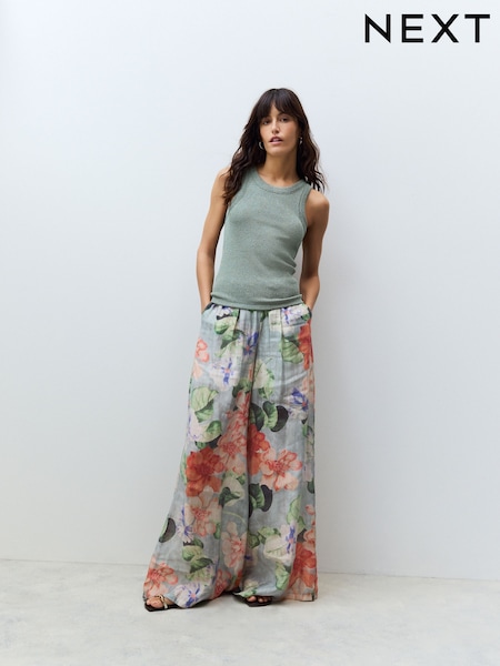 Blue/Green Floral Premium Super Wide Sheer Printed Trousers (AG3663) | €55