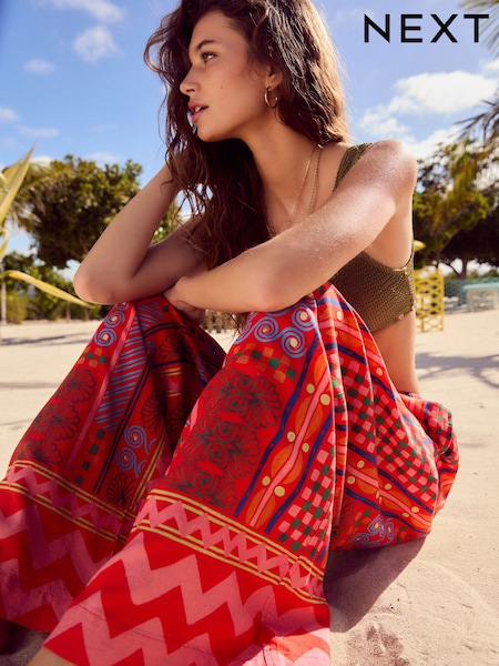 Red/Pink Print Wide Leg Trousers with Linen (AG3667) | $86