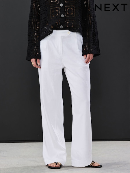 White Stay Smart Wide Leg Linen Rich Trousers (AG3668) | kr459