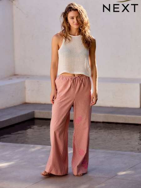 Rosa - Bestickte Hose mit Streifen und Bindegürtel aus Leinen (AG3672) | 54 €