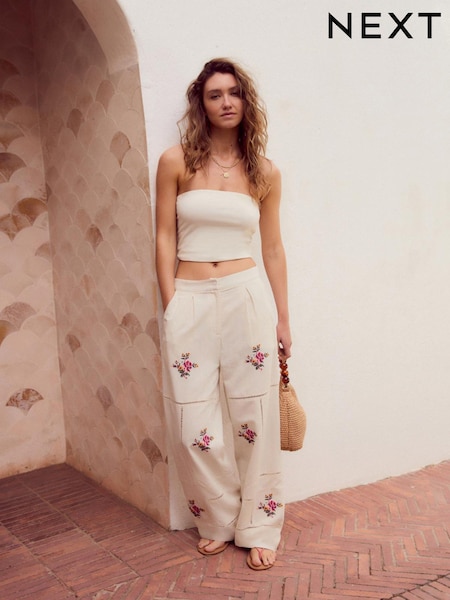 Valkoinen - Embroidered Wide Leg Trousers With Linen (AG3687) | €72