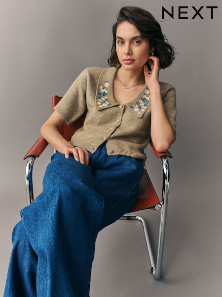 Green Sage Floral Embroidered Short Sleeve Collared Cardigan (AG3699) | SGD 66