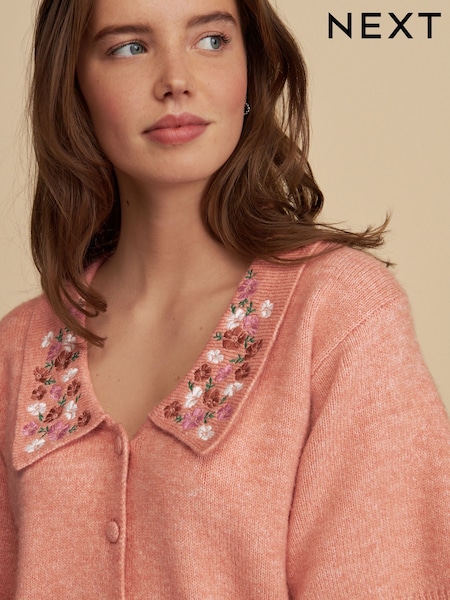 Pink Peach Floral Embroidered Short Sleeve Collared Cardigan (AG3711) | SGD 66