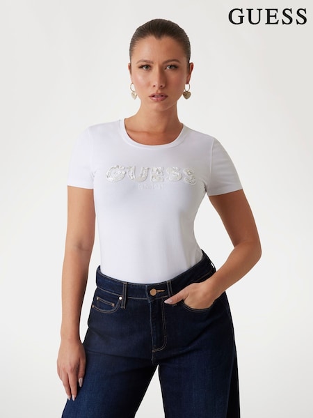 Valkoinen - Guess Paljetti Lyhyt hiha Logo T-paita (AG3722) | €63