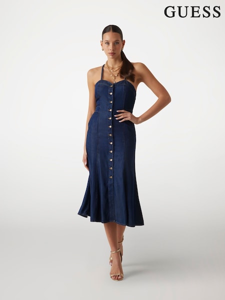 Guess Blue Denim Edna Strappy Denim Midi Dress (AG3725) | €126