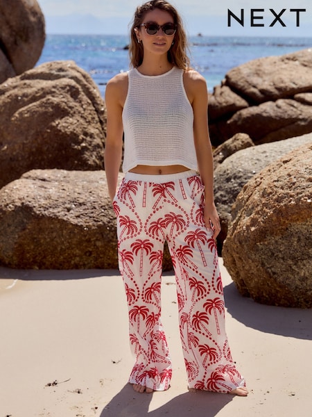 Red/White Embroidered Palm Print Wide Leg Trousers (AG3727) | €48