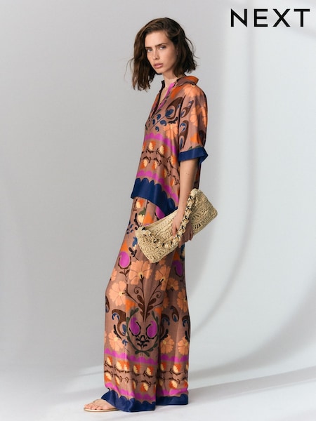 Brown Floral Print Wide Leg Satin Trousers (AG3735) | AED193