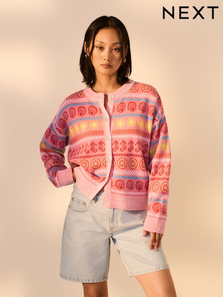 Pink Sea Patterned Colourful Knitted Cardigan (AG3752) | €45