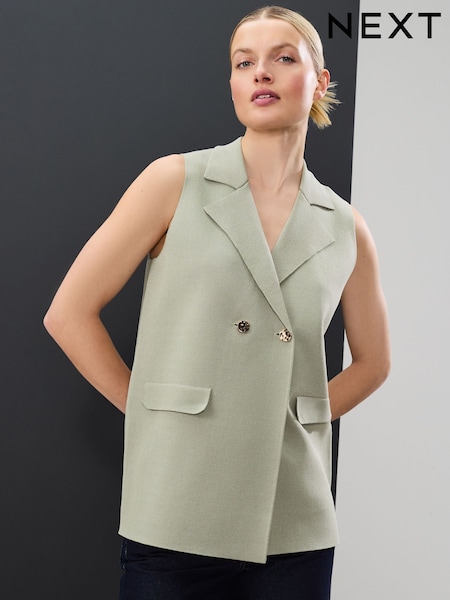 Sage Green Smart Knitted Waistcoat Blazer with Faux Pockets (AG3753) | €45