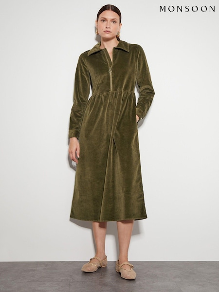 Monsoon Green Alana Cord Zip Midi Dress (AG3836) | €54