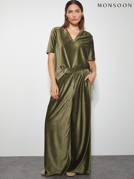 Monsoon Green Shay Rib Velour Wide Leg Trousers (AG3841) | €36