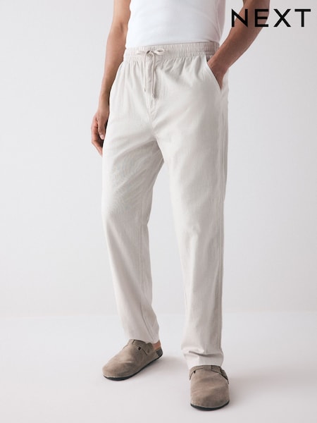 Light Grey Regular Tapered Fit Linen Cotton Elasticated Waist Drawstring Trousers (AG4033) | €34