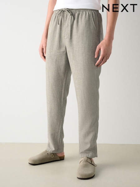 Зелений відтінку шавлії - Textured Linen Cotton Elasticated Drawstring Trousers (AG4039) | 1 188 грн
