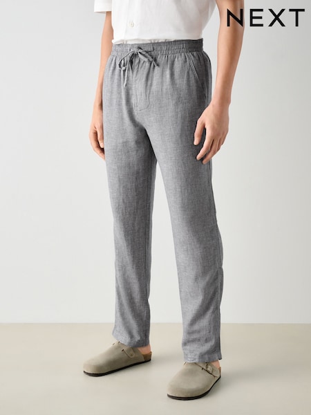 Блакитний в горошок - Textured Linen Cotton Elasticated Drawstring Trousers (AG4043) | 1 188 грн