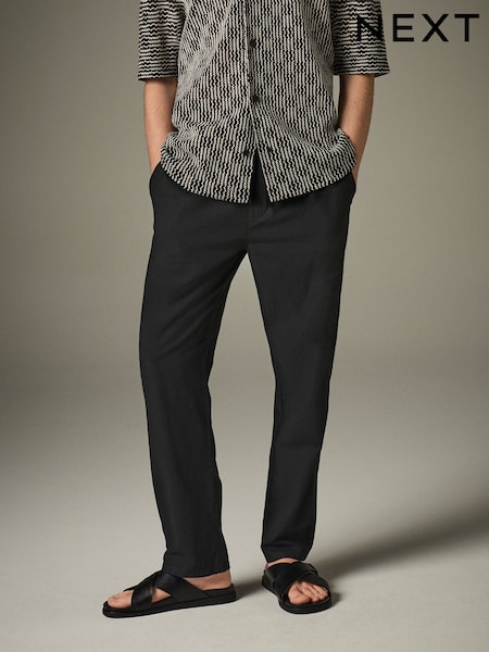 Black Regular Tapered Fit Linen Cotton Chino Trousers (AG4056) | €41