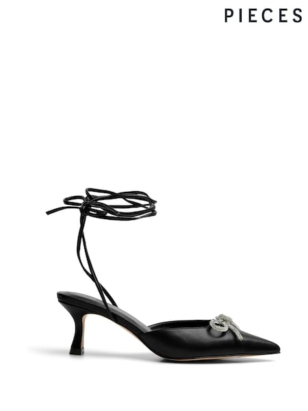 PIECES Black Tie Up Bow Pointed Court Heeled Sandals (AG4065) | 119 QAR