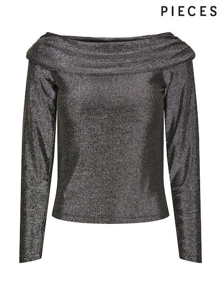 PIECES Black Silver Metallic Bardot Top (AG4075) | OMR7