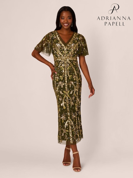 Adrianna Papell Green Beaded Flutter Sleeve Dress (AG4087) | €396