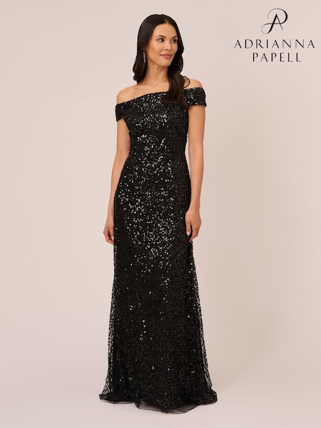 Adrianna Papell Off Shoulder Bead Black Dress (AG4089) | €198