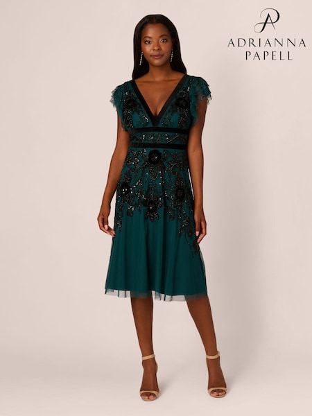 Adrianna Papell Green Velvet Beaded Mesh Dress (AG4106) | €268