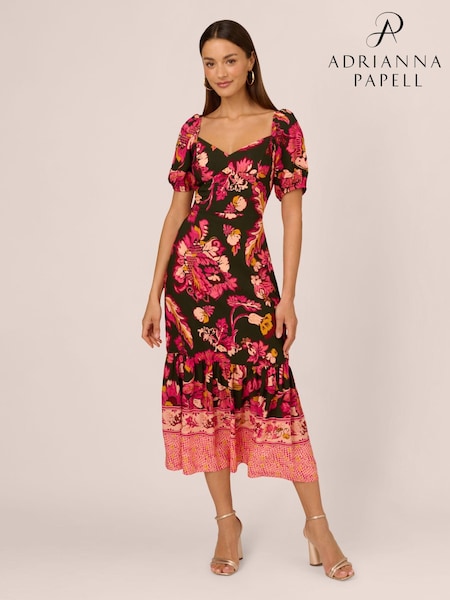 Adrianna Papell Green Printed Puff Sleeve Dress (AG4112) | 622 LEI