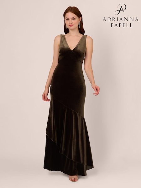 Adrianna Papell Green Velvet Flounce Hem Gown (AG4116) | €152