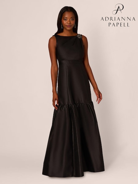 Adrianna Papell Mikado Flounce Shirred Black Gown (AG4117) | €231