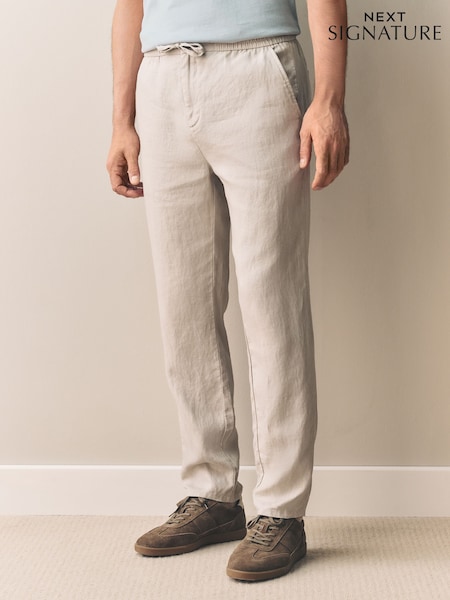 kameno siva - Zožane hlače običajnega kroja - 100% Linen Signature Elasticated Waist Drawstring Trousers (AG4132) | € 43