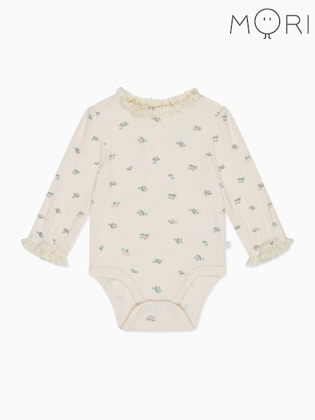 MORI Cream Floral Organic Cotton and Bamboo Long Sleeve Bodysuit (AG4214) | $55