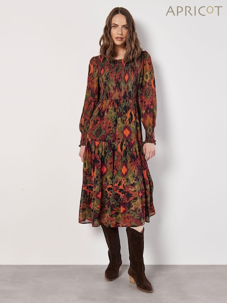 Apricot Green Ikat Chiffon Smocked Midi Dress (AG4418) | €58